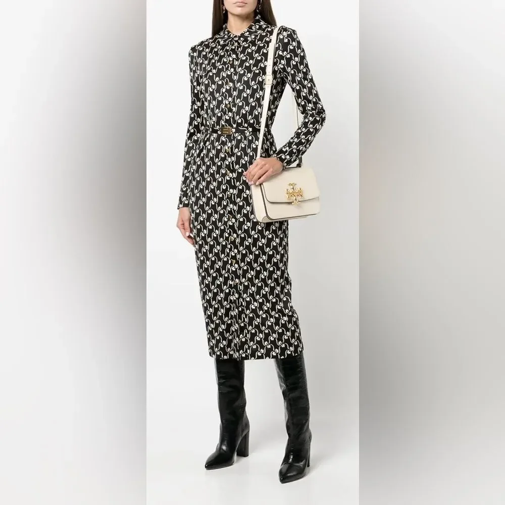 Tory Burch Black and White Long Sleeve Ilk polo midi Dress, XS